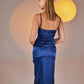 Dipsy Blue Satin Strappy Slit Midi Dress