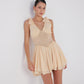 Fiona Beige Ruched Mini Dress with Pleated Skirt