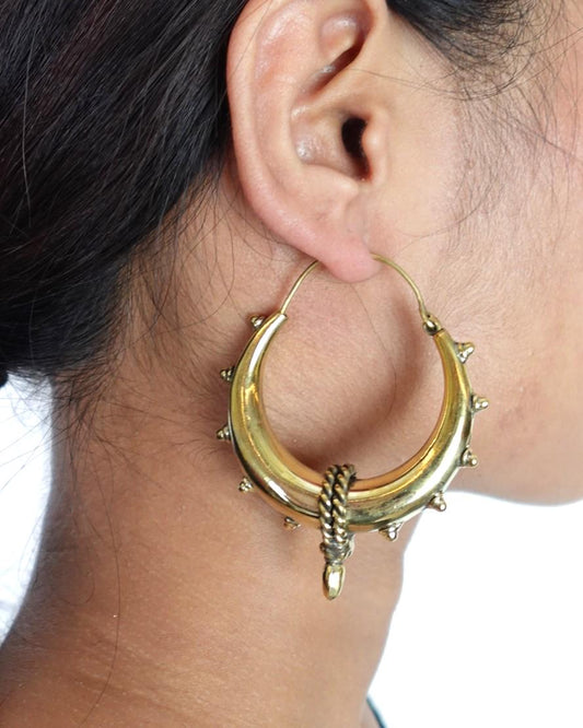 Steampunk Brass Spike Hoop Earrings - Chunky brass hoops with spike details and a bold steampunk aesthetic.