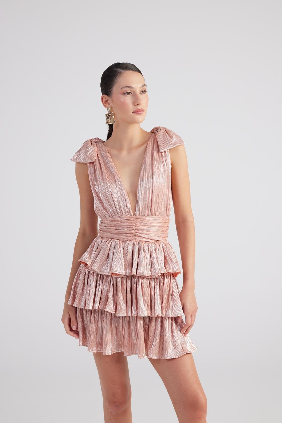 Glare Salmon Shiny Pleated Mini Ruffle Dress