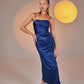 Dipsy Blue Satin Strappy Slit Midi Dress