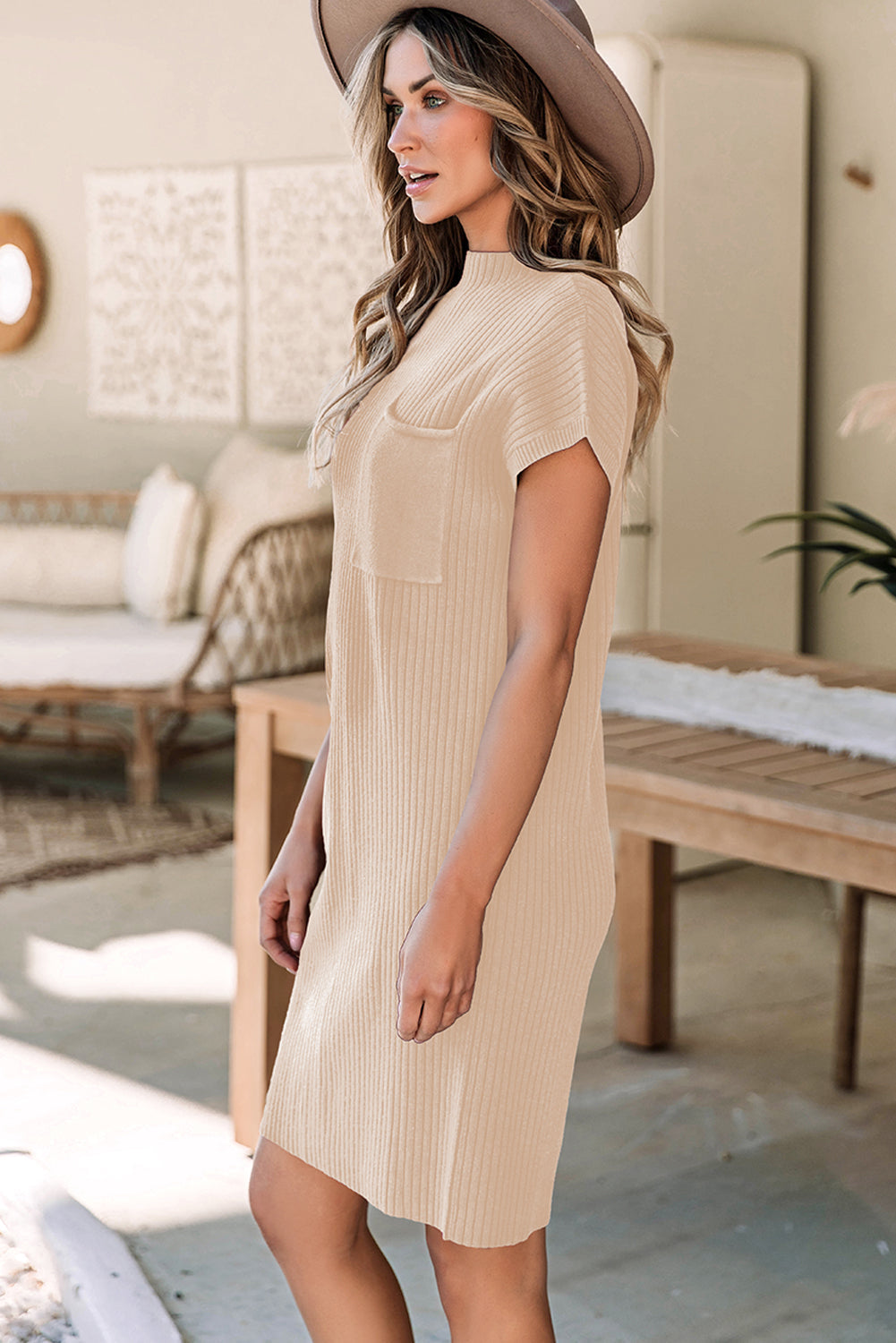 Cozy Oatmeal Sweater Dress - Ribbed Knit with Pockets