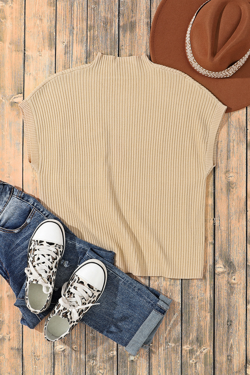 Cozy Oatmeal Sweater Dress - Ribbed Knit with Pockets