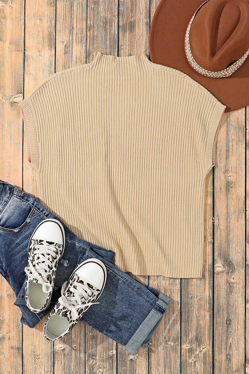Cozy Oatmeal Sweater Dress - Ribbed Knit with Pockets