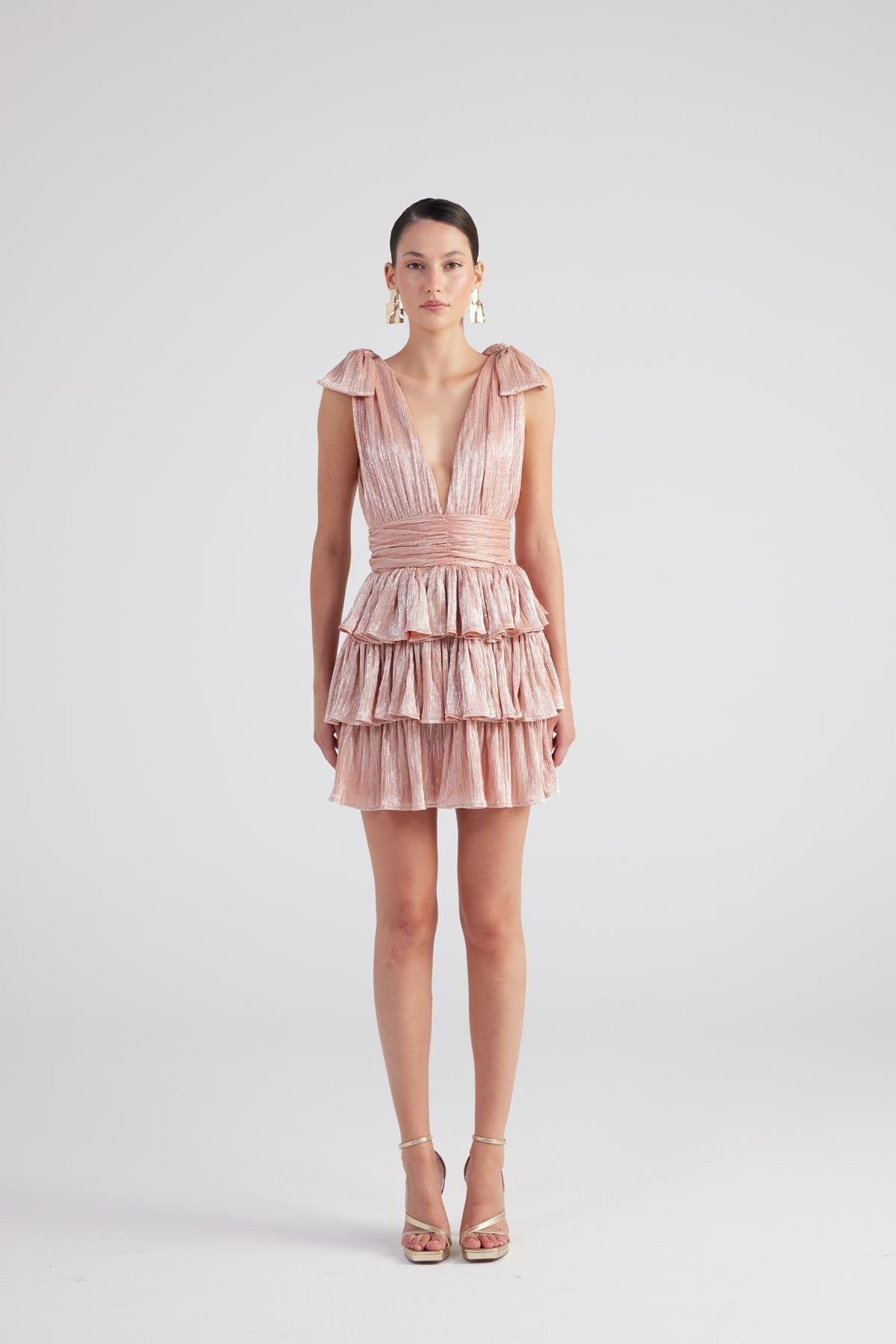Glare Salmon Shiny Pleated Mini Ruffle Dress