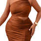 Women's Plus Size One-Shoulder Textured Finish, Golden Chain Detail, Ruched Waist, Bodycon Fit Dress