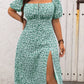 Elegant Plus Size Floral Midi Dress with Tie Waist and Side Slit - Off-Shoulder, Short Sleeve, A-Line Silhouette for Summer, Plus Size