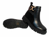 Britney Womens Buckle Chain Winter Faux Leather Ladies Ankle Chelsea Combat Boots Black