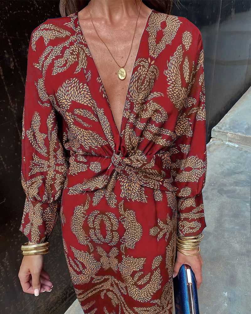 Sophia | Vintage Printed V-Neck Long-sleeve Elegant Dress