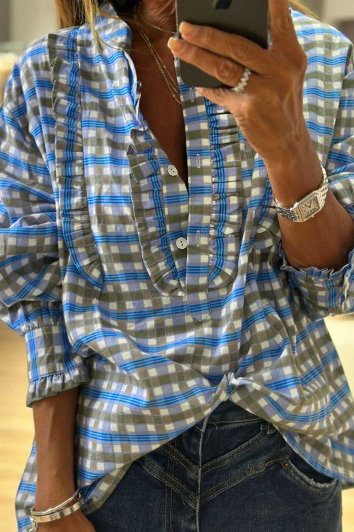 Blue Plaid Long Sleeve Frilled Blouse