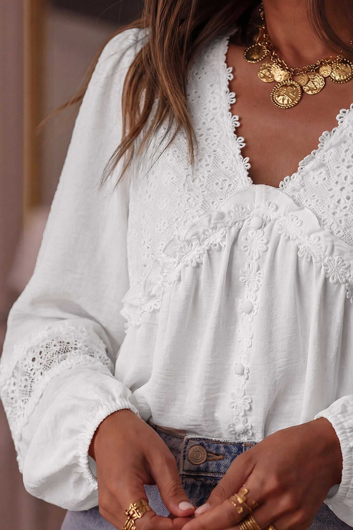 White Guipure Lace Frill Sleeve Blouse