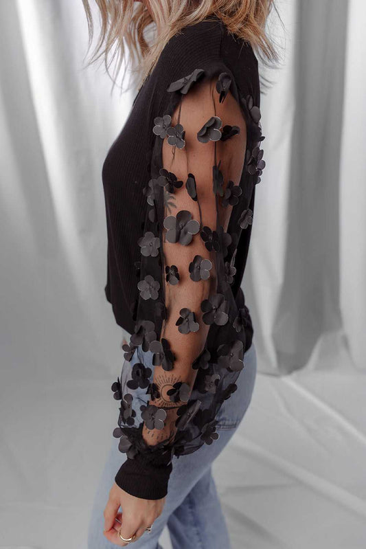 Flower Applique Mesh Blouse
