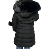 Girls’ Long Winter Puffer Coat with Detachable Faux Fur Hood – Black