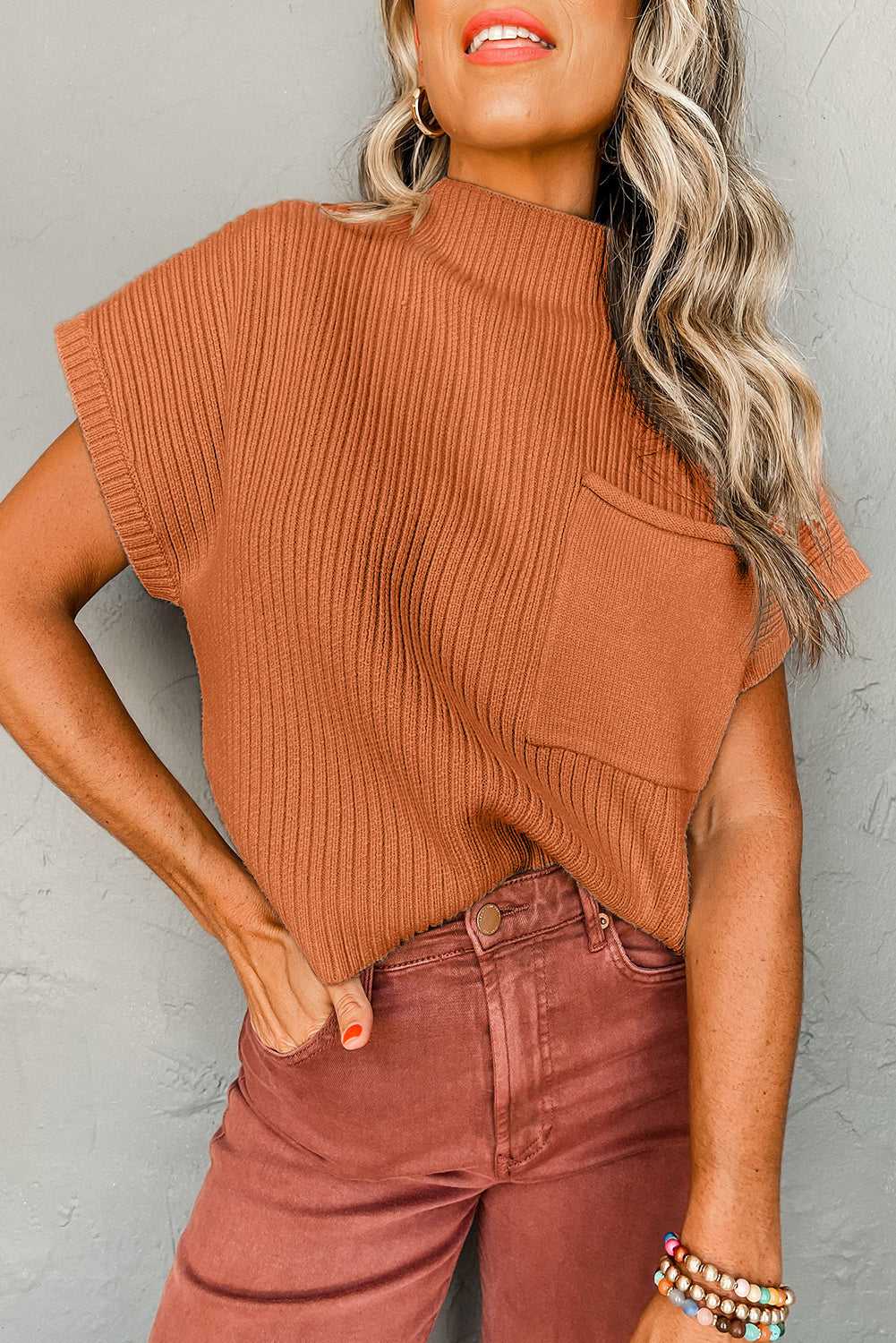 Cozy Oatmeal Sweater Dress - Ribbed Knit with Pockets