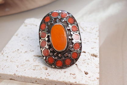 Large Ethnic Adjustable Tibetan Silver Rings, Turquoise, Coral Inlay Rings.