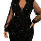 Hot Diamond Sequin Net Splicing Dress Elegant Commuting V-neck Zipper Long Sleeve Dress