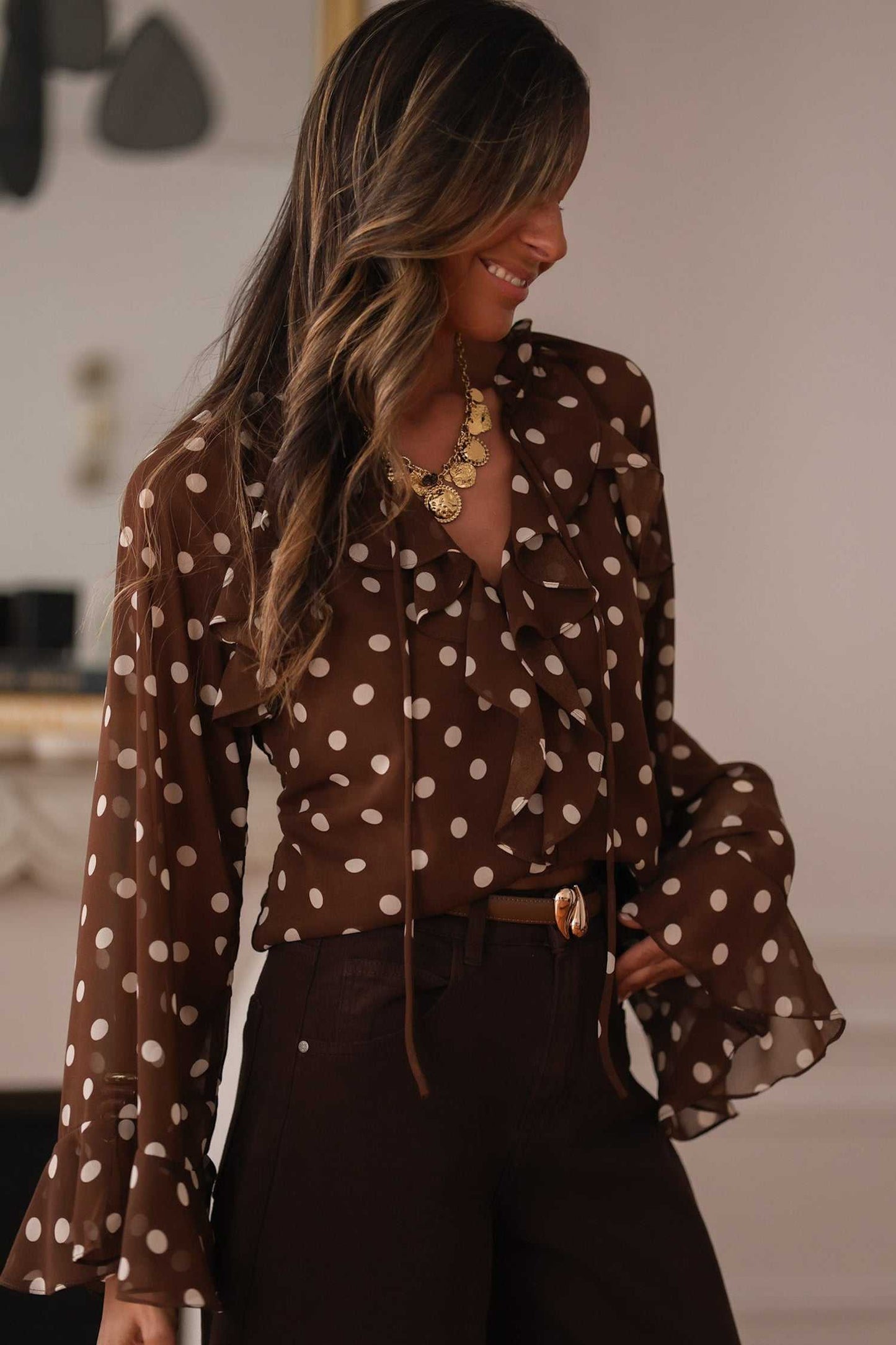 Coffee Polka Dot Bell Sleeve Blouse