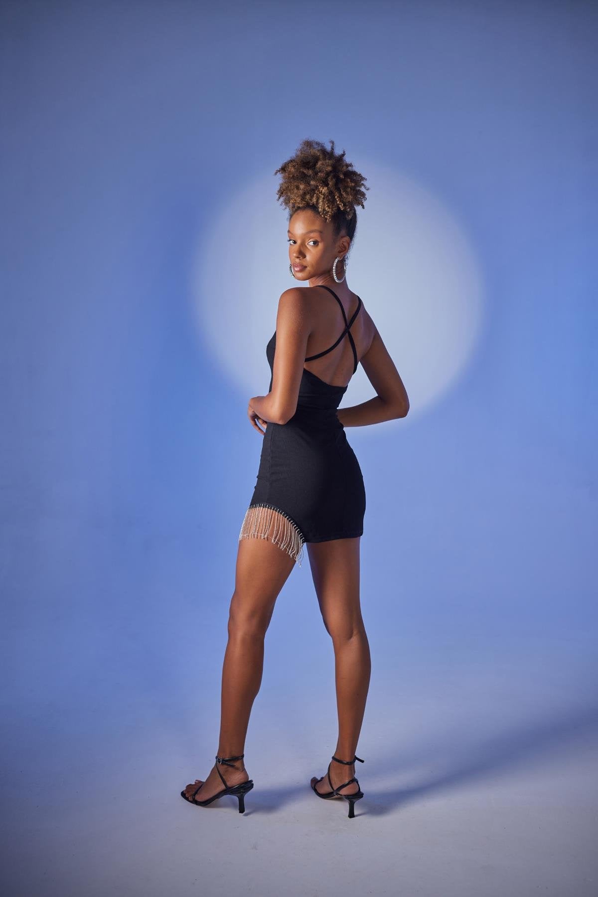 Gisy Black Mini Bodycon Dress with Chain Accessory
