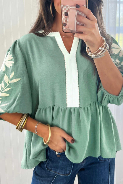 Smoke Green Embroidered Sleeve Tiered Blouse