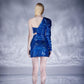 Anabelle Blue Shiny One Shoulder Diagonal Low-Cut Mini Dress