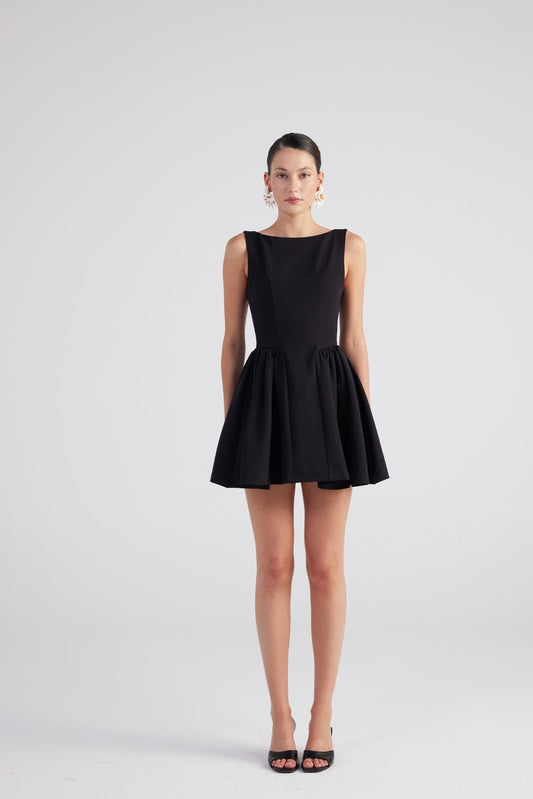 Alena Black Pleated Skirt Mini Dress