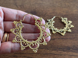 Sunburst Scroll Hoops - Mandala Brass Earrings with Ethnic Scallop Detailing.
