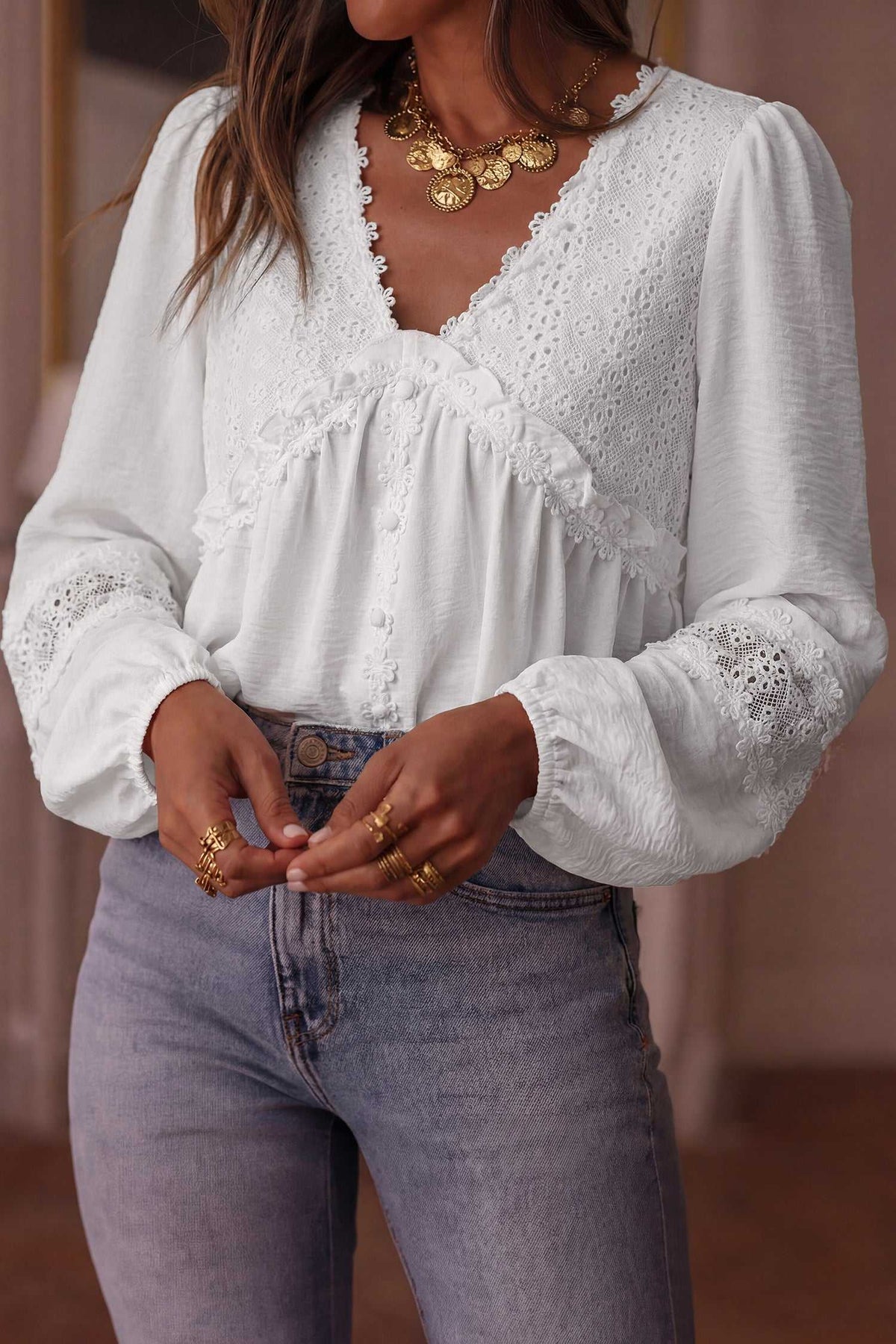 White Guipure Lace Frill Sleeve Blouse