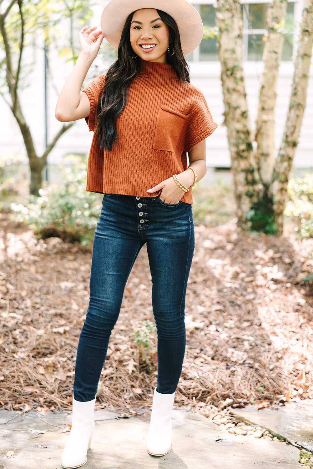 Cozy Oatmeal Sweater Dress - Ribbed Knit with Pockets
