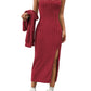 Ribbed Long Sleeve Cropped Cardigan and Slit Cami Dress Set