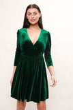 Annalise Velvet V Neck Fit And Flare Mini Dress - Green