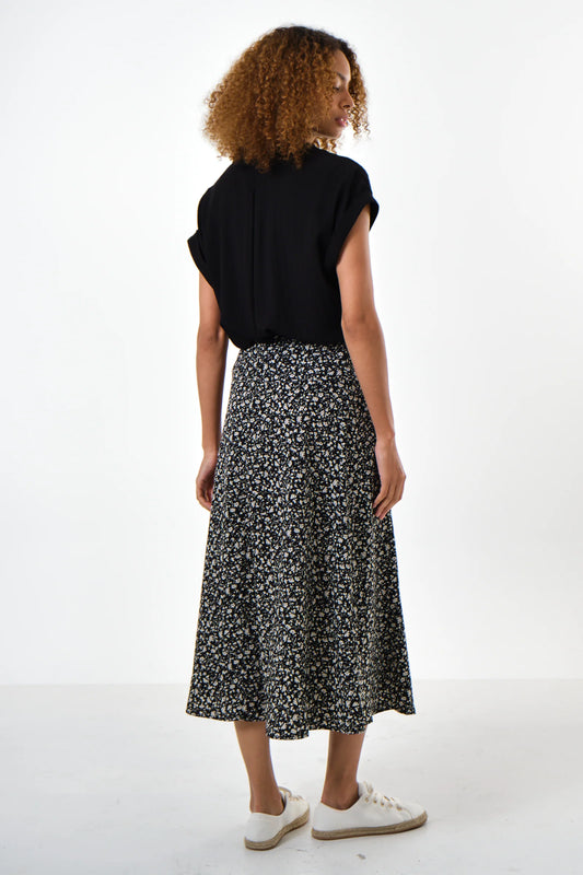 Barney Floral Print Midi Skirt in Black