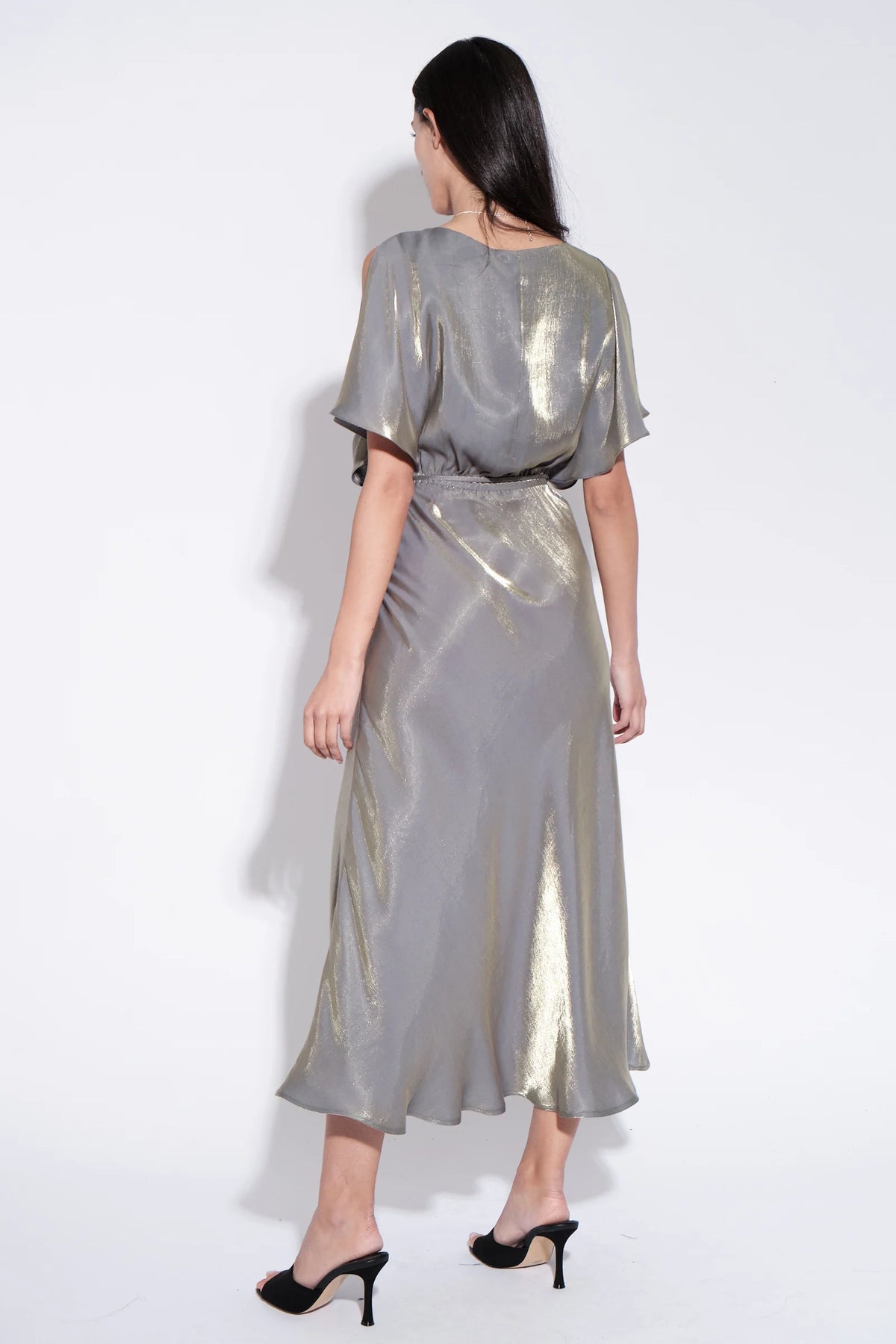 Basford Iridescent Cape Sleeve Midi Dress in Green