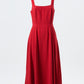 Baya Linen Mix Square Neck Midi Dress - Red