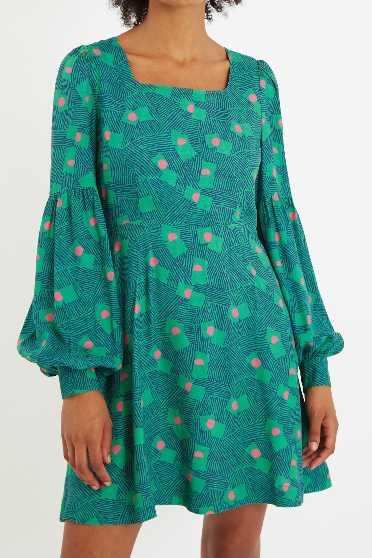 Louche Bindy Bauhaus Abstract Print Square Neck Long Sleeve Dresses