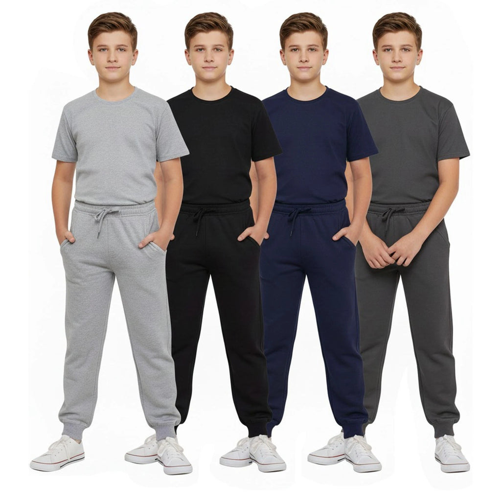 Four individuals wearing matching tracksuits in gray, black, blue, and dark gray on a white background.