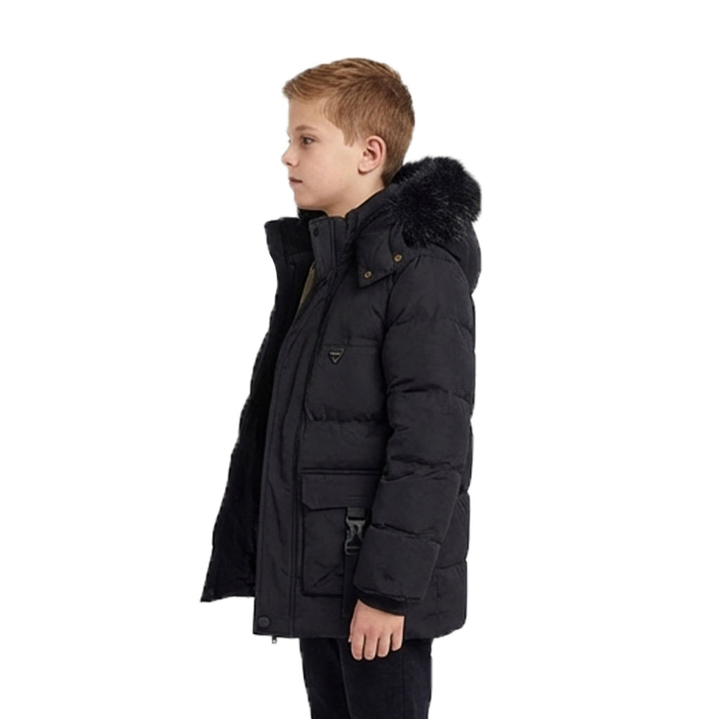 Boys’ Hooded Winter Puffer Parka Jacket with Faux Fur Lining – Black