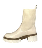 Emelyn Ladies Stretchy Knit Sock Faux Leather Mid Block Heel Casual Winter Ankle Boots Beige