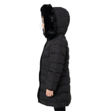 Girls’ Long Winter Puffer Coat with Detachable Faux Fur Hood – Black