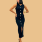 Black Bodycon Belted Midi Pencil Dress With Gold Buttons