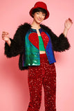Black Knitted Bamboo Sequin Faux Mongolian Fur Coat