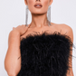 Black Feather Strapless Bodycon Slit Dress
