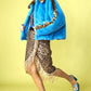 Blue and Leopard Print Faux Fur Coat