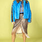 Blue and Leopard Print Faux Fur Coat