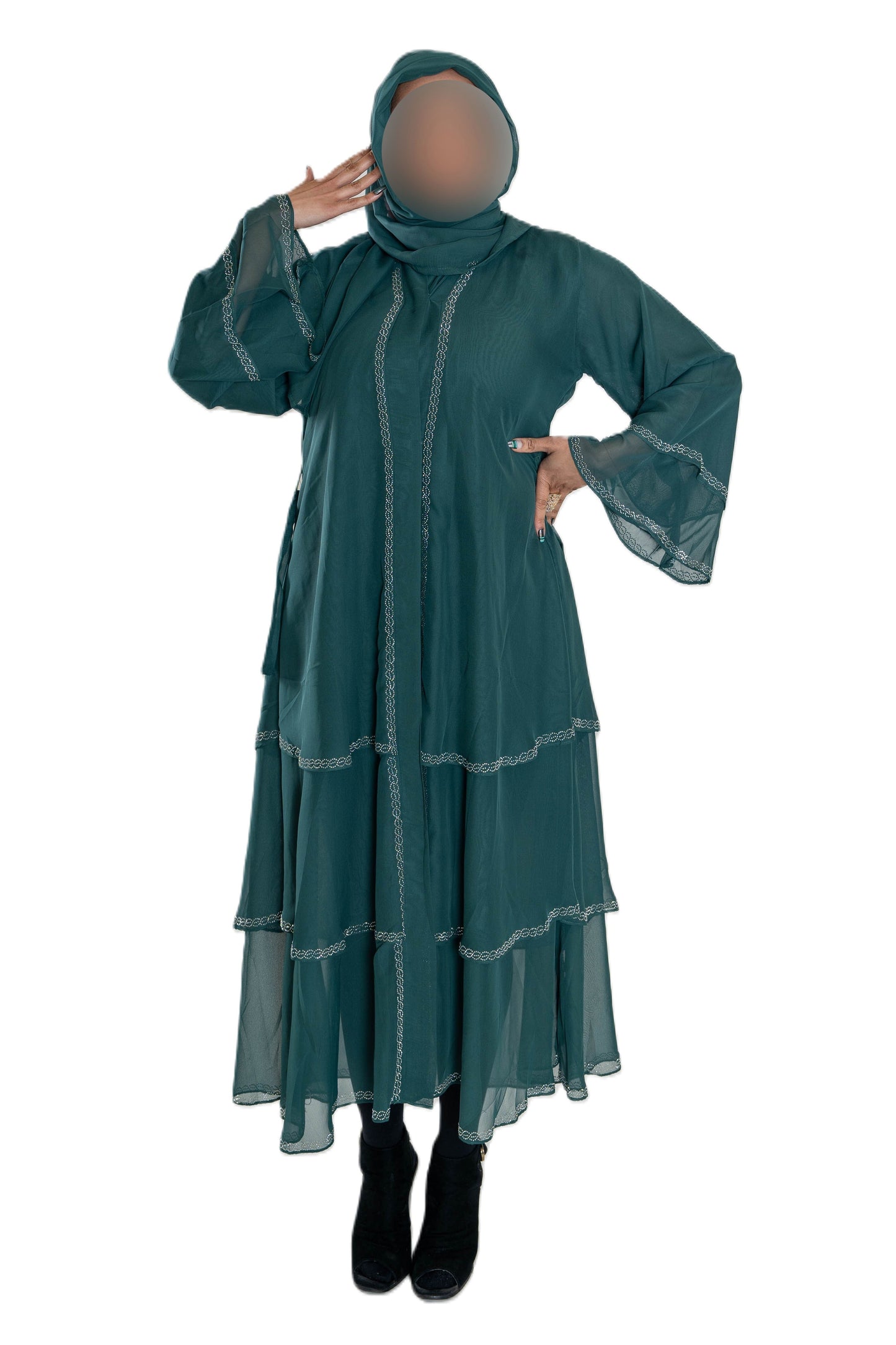 Chiffon Triple Layered Abaya in Vibrant Teal for Elegance and Comfort