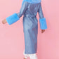 Blue Faux Leather Jacket with Detachable Faux Fur Cuffs and Collar