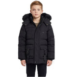Boys’ Hooded Winter Puffer Parka Jacket with Faux Fur Lining – Black