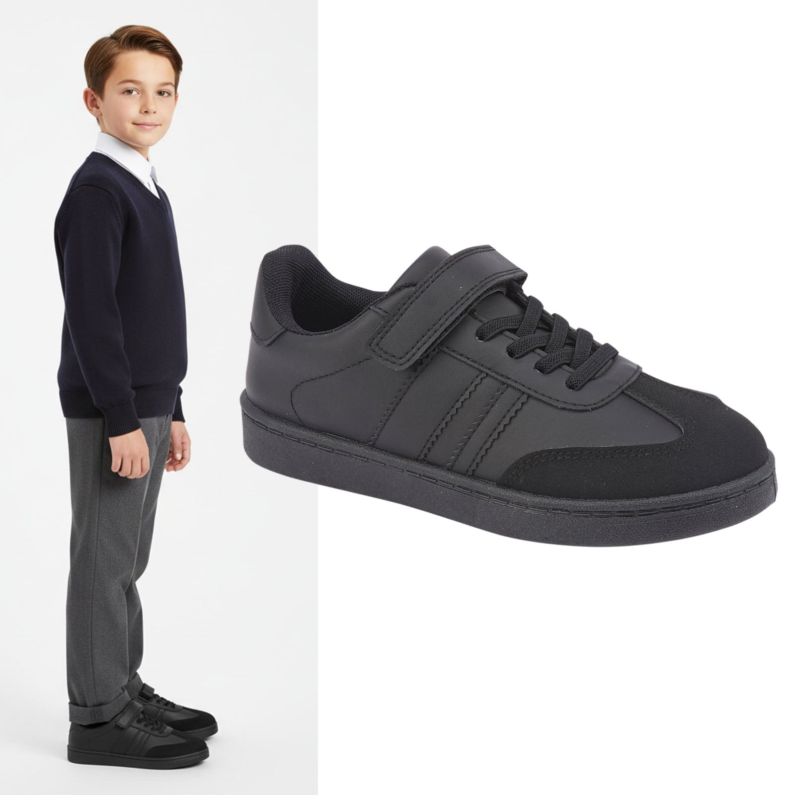Black school uniform shoe with a child wearing a similar outfit on a white background Trainers Shoes