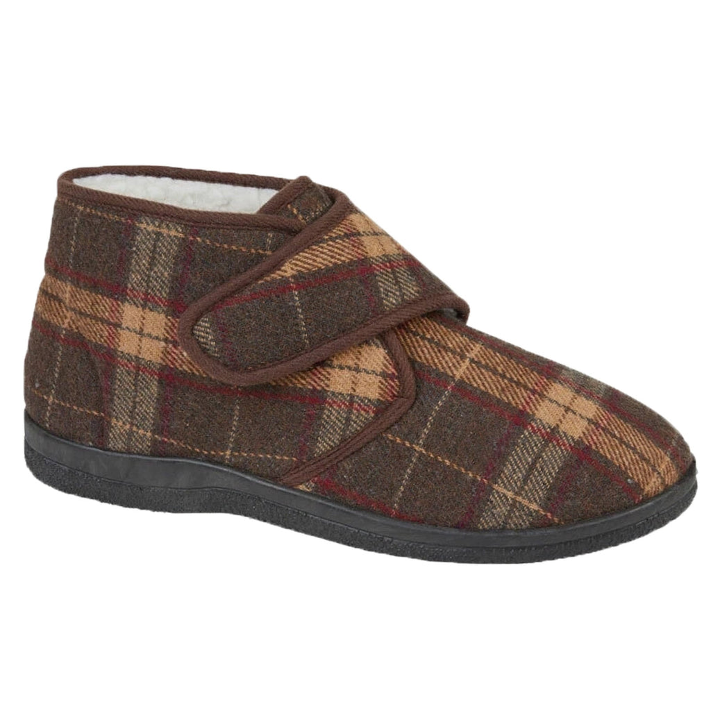 Brown Plaid Men's Fleece-Lined Bootie Slippers