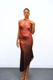 Brown Satin Ombre Asymmetrical Tie Neck Slip Midi Dress