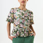 Camile 3D Daisy Print Peplum Blouse - Green